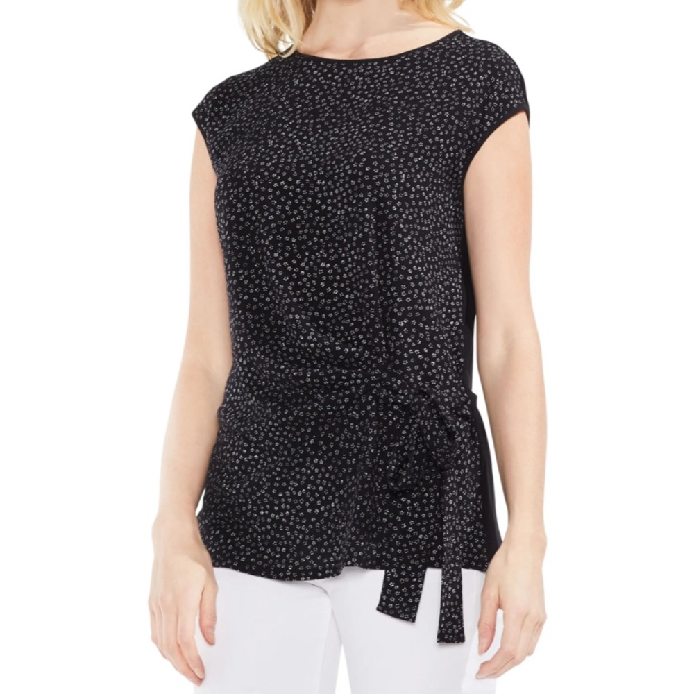 Vince Camuto Black White Floral Tie Blouse sz M